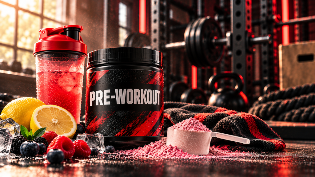 مکمل پری ورک اوت (Pre-Workout) در کنار شیک انرژیزا، پیمانه پودر و تجهیزات بدنسازی در باشگاه